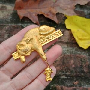 Vintage, 1990s J J Jonette brushed good tone cat and mouse brooch, cat lady gift